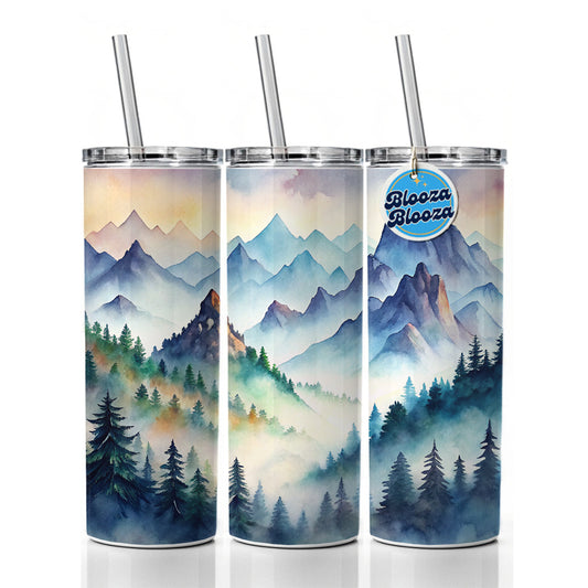 Mist Covered Mountains Misty Watercolor Skinny Tumbler 20oz with Straw Insulated Water Bottle Gift
