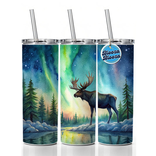 Moose And Northern Lights Watercolor Skinny Tumbler 20oz with Straw Insulated Water Bottle Gift