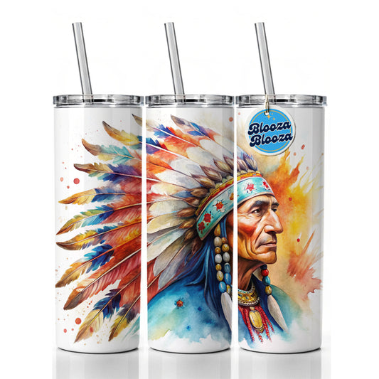 Native American Indian Chief Feather Headdress Watercolor Skinny Tumbler 20oz with Straw Insulated Water Bottle Gift