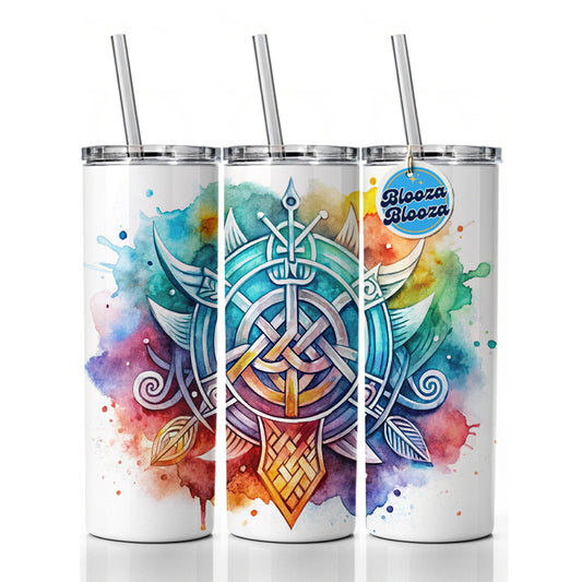 Norse Viking Symbols Watercolor Skinny Tumbler 20oz with Straw Insulated Water Bottle Gift