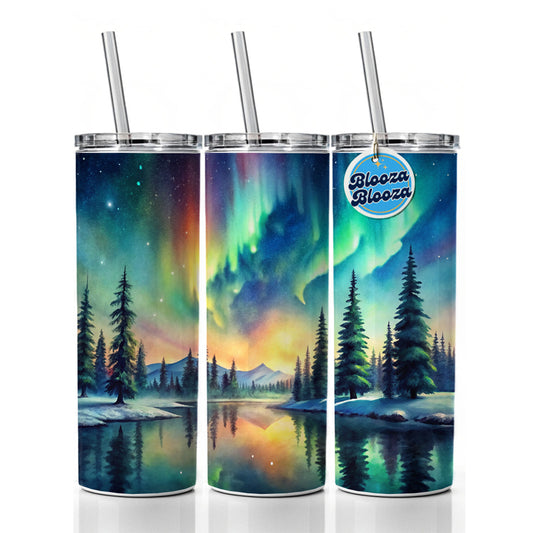 Northern Lights Watercolor Beautiful Skinny Tumbler 20oz with Straw Insulated Water Bottle Gift