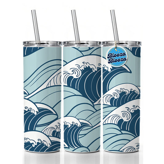 Ocean Waves Japanese Style Skinny Tumbler 20oz with Straw Insulated Water Bottle Gift