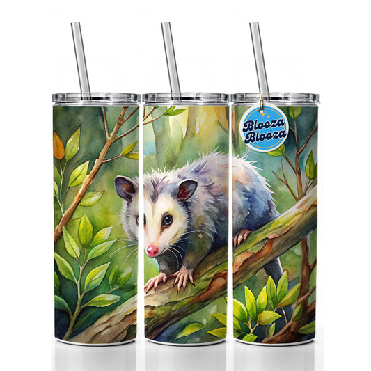 Opossum In The Forest Watercolor Skinny Tumbler 20oz with Straw Insulated Water Bottle Gift
