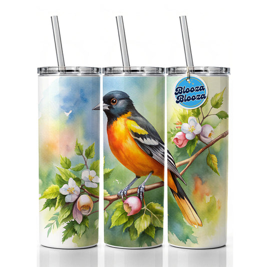 Oriole In Tree Bird Watercolor Skinny Tumbler 20oz with Straw Insulated Water Bottle Gift