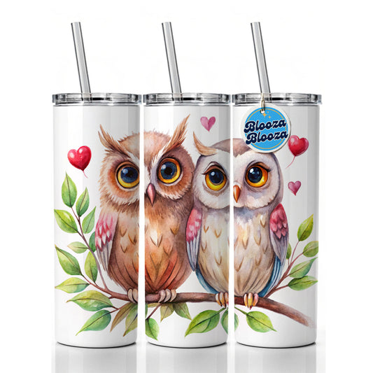 Owls In Love On Branch Hearts Valentine's Day Skinny Tumbler 20oz with Straw Insulated Water Bottle Gift
