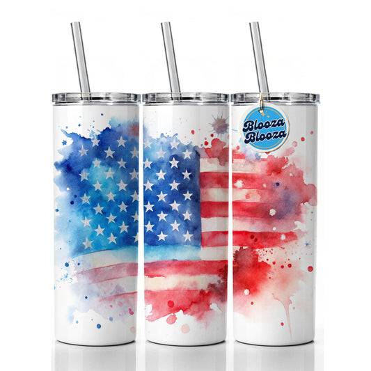 Patriotic American Flag USA Watercolor Skinny Tumbler 20oz with Straw Insulated Water Bottle Gift