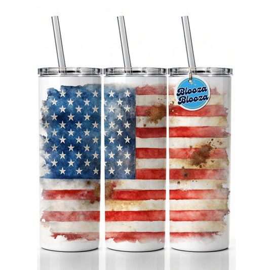 Patriotic Rustic Worn American Flag Watercolor Skinny Tumbler 20oz with Straw Insulated Water Bottle Gift