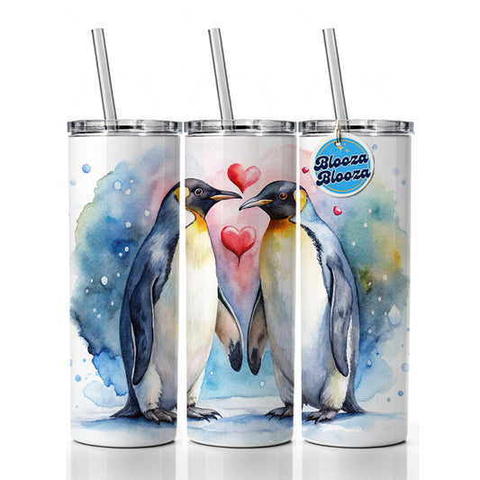 Penguins In Love Hearts Valentine's Day Skinny Tumbler 20oz with Straw Insulated Water Bottle Gift
