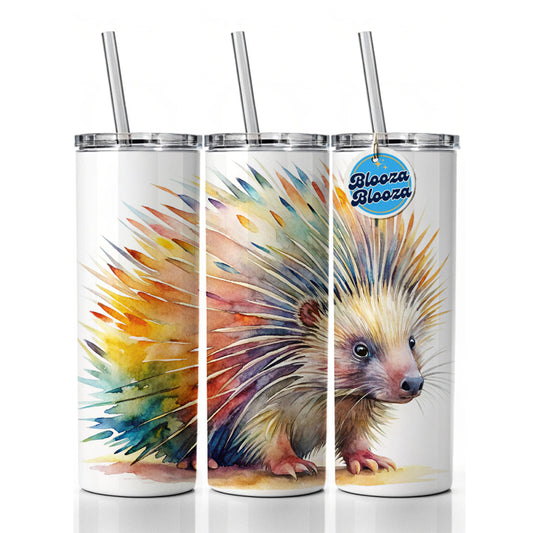 Porcupine Colorful Rainbow Watercolor Skinny Tumbler 20oz with Straw Insulated Water Bottle Gift