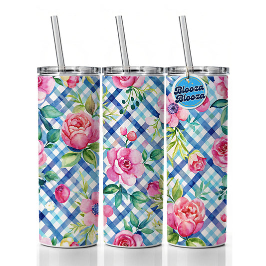 Preppy Pink Flowers Blue Gingham Plaid Skinny Tumbler 20oz with Straw Insulated Water Bottle Gift