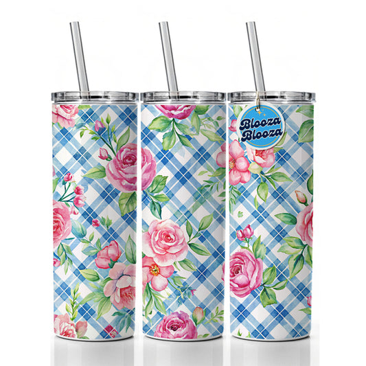 Pretty Pink Flowers Floral Blue Wallpaper Skinny Tumbler 20oz with Straw Insulated Water Bottle Gift