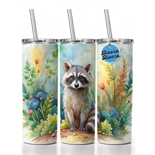 Raccoon In The Forest Watercolor Skinny Tumbler 20oz with Straw Insulated Water Bottle Gift