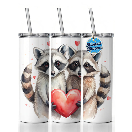 Raccoons In Love With Hearts Valentine's Day Skinny Tumbler 20oz with Straw Insulated Water Bottle Gift