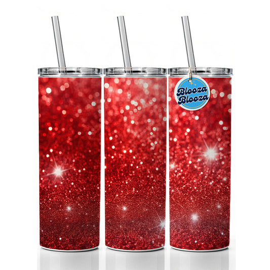 Red Faux Glitter Skinny Tumbler 20oz with Straw Insulated Water Bottle Gift