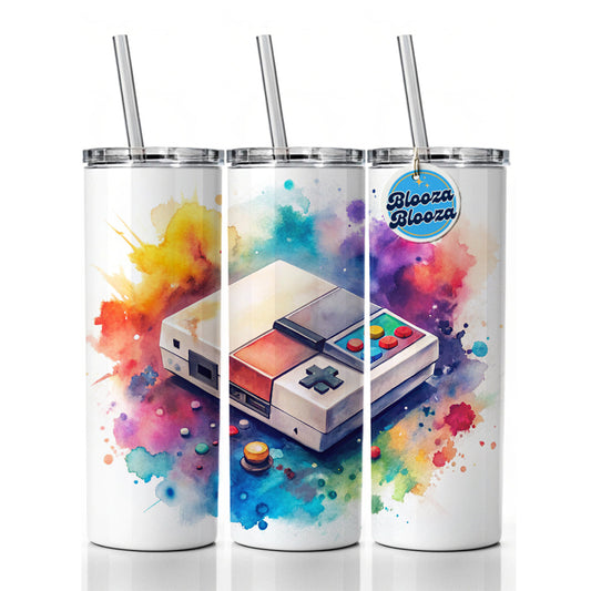 Retro Arcade Console System Watercolor Skinny Tumbler 20oz with Straw Insulated Water Bottle Gift