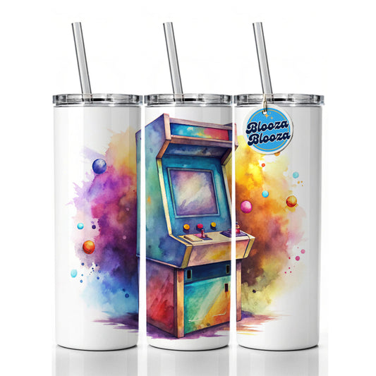 Retro Stand-up Arcade System Watercolor Skinny Tumbler 20oz with Straw Insulated Water Bottle Gift