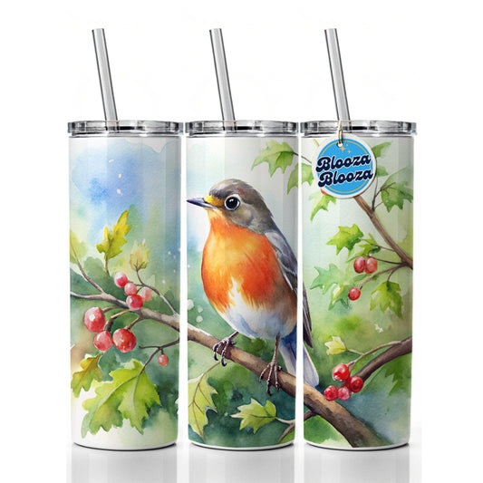 Robin In Tree Bird Watercolor Skinny Tumbler 20oz with Straw Insulated Water Bottle Gift