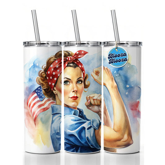 Rosie The Riveter Patriotic Watercolor Skinny Tumbler 20oz with Straw Insulated Water Bottle Gift