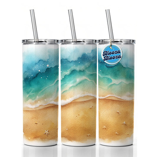 Sandy Tranquil Ocean Beach Skinny Tumbler 20oz with Straw Insulated Water Bottle Gift