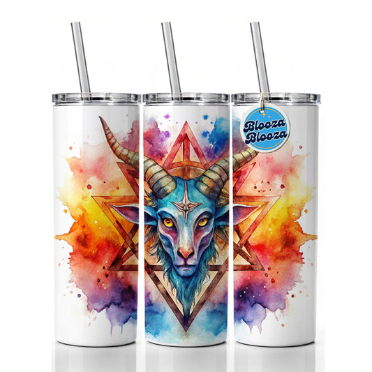 Satanic Pagan Goat Horns Pentagram Symbol Watercolor Skinny Tumbler 20oz with Straw Insulated Water Bottle Gift