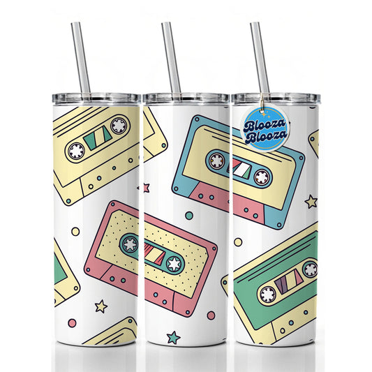 Scattered Cassette Tapes Skinny Tumbler 20oz with Straw Insulated Water Bottle Gift