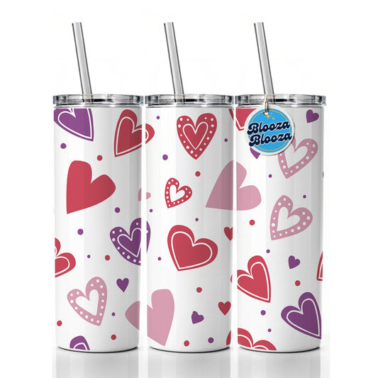 Scattered Hearts Bright Red Pink Purple Love Skinny Tumbler 20oz with Straw Insulated Water Bottle Gift