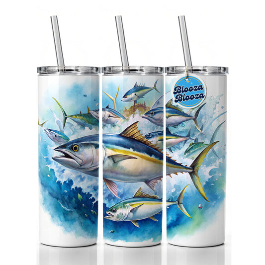 School Of Tuna Deep Sea Sport Fishing Watercolor Skinny Tumbler 20oz with Straw Insulated Water Bottle Gift