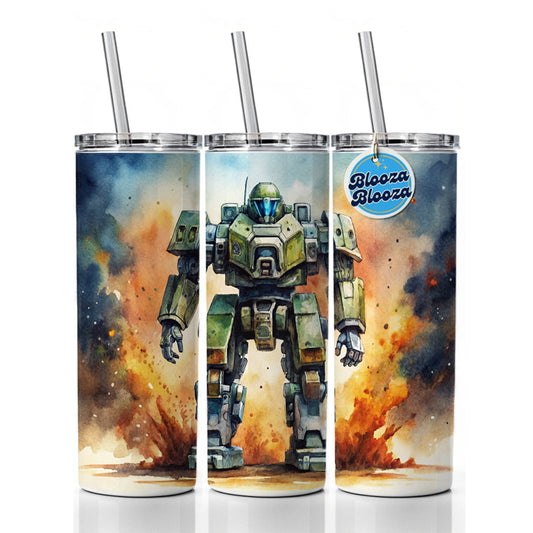 Sci-fi Giant Robot Warrior Mech Watercolor Skinny Tumbler 20oz with Straw Insulated Water Bottle Gift