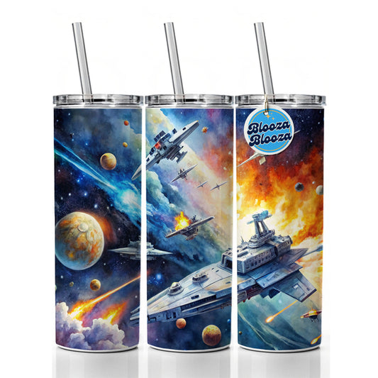 Sci-fi Space Battle Watercolor Skinny Tumbler 20oz with Straw Insulated Water Bottle Gift