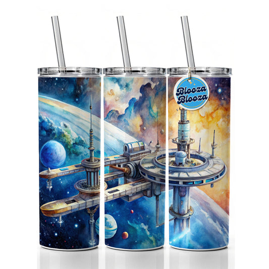 Sci-fi Space Station In Orbit Watercolor Skinny Tumbler 20oz with Straw Insulated Water Bottle Gift