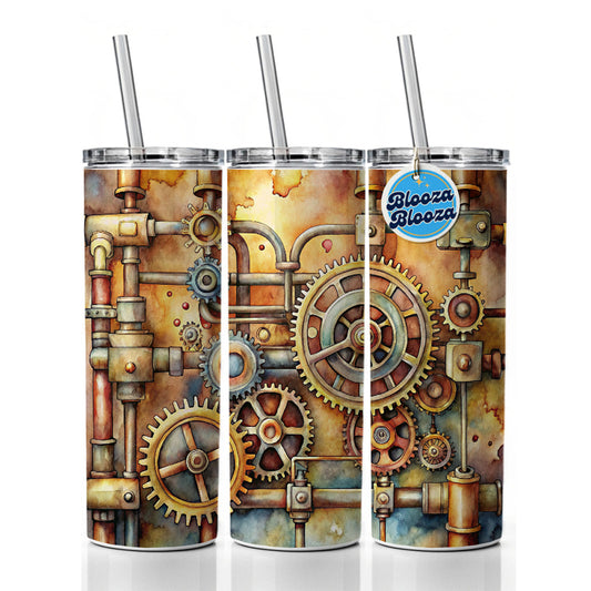 Sci-fi Steampunk Gears And Pipes Watercolor Skinny Tumbler 20oz with Straw Insulated Water Bottle Gift