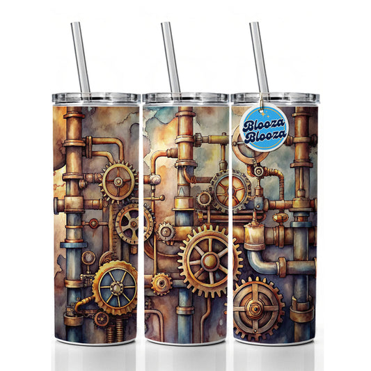 Sci-fi Steampunk Gears Pipes Watercolor Skinny Tumbler 20oz with Straw Insulated Water Bottle Gift