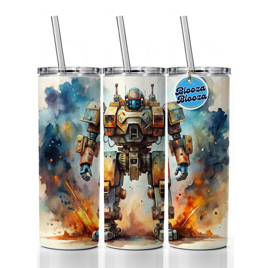 Sci-fi Steampunk Giant Robot Warrior Mech Watercolor Skinny Tumbler 20oz with Straw Insulated Water Bottle Gift