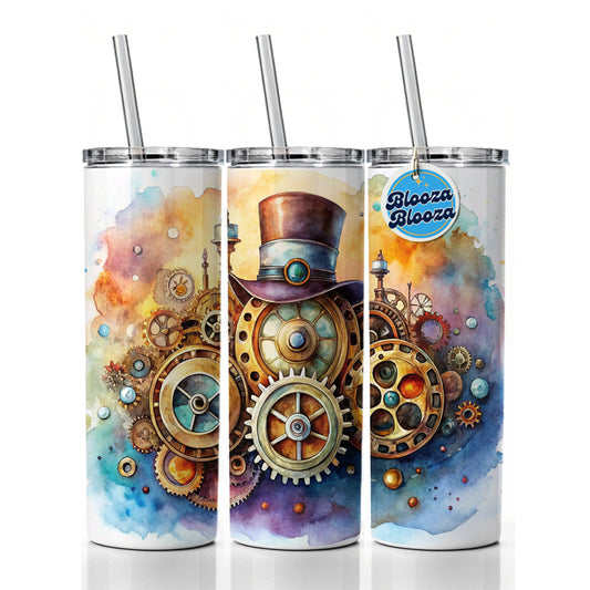 Sci-fi Steampunk Hat And Gears Watercolor Skinny Tumbler 20oz with Straw Insulated Water Bottle Gift