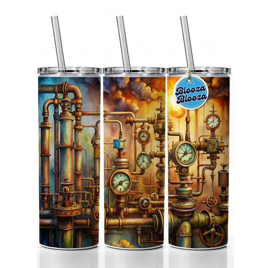 Sci-fi Steampunk Pipes Gauges Steam Fire Watercolor Skinny Tumbler 20oz with Straw Insulated Water Bottle Gift