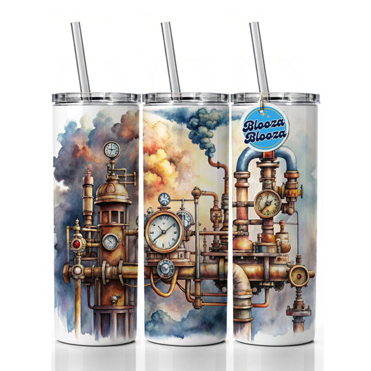 Sci-fi Steampunk Pipes Steam Gauges Watercolor Skinny Tumbler 20oz with Straw Insulated Water Bottle Gift
