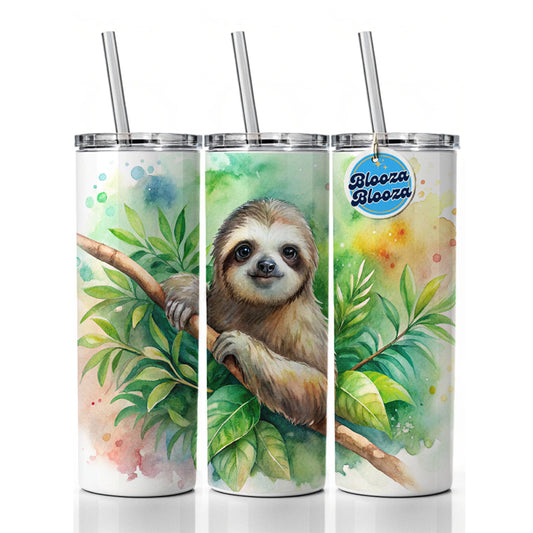 Sloth In A Tree Watercolor Skinny Tumbler 20oz with Straw Insulated Water Bottle Gift