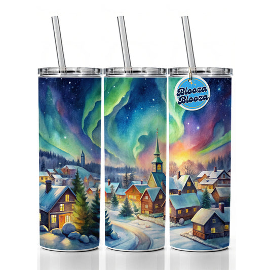 Small Town Northern Lights Watercolor Skinny Tumbler 20oz with Straw Insulated Water Bottle Gift