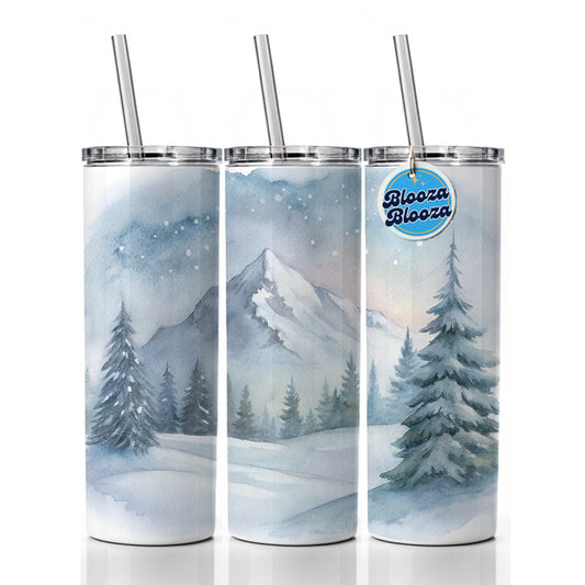 Snowy Wilderness Watercolor Skinny Tumbler 20oz with Straw Insulated Water Bottle Gift
