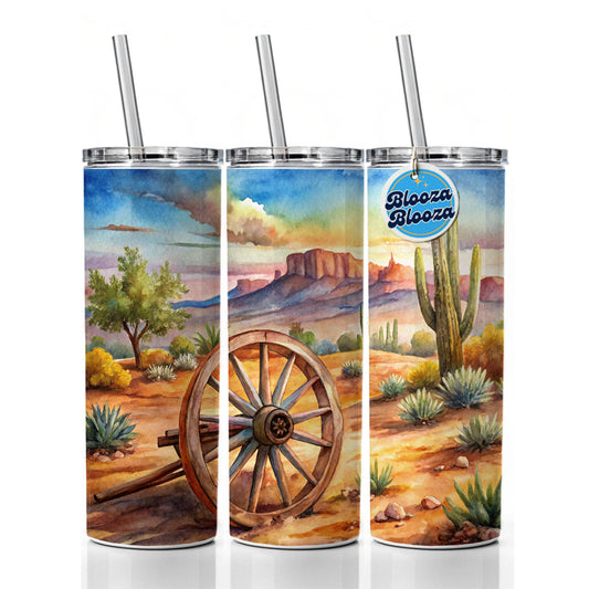 Southwest Desert With Abandoned Wagon Wheel Watercolor Skinny Tumbler 20oz with Straw Insulated Water Bottle Gift