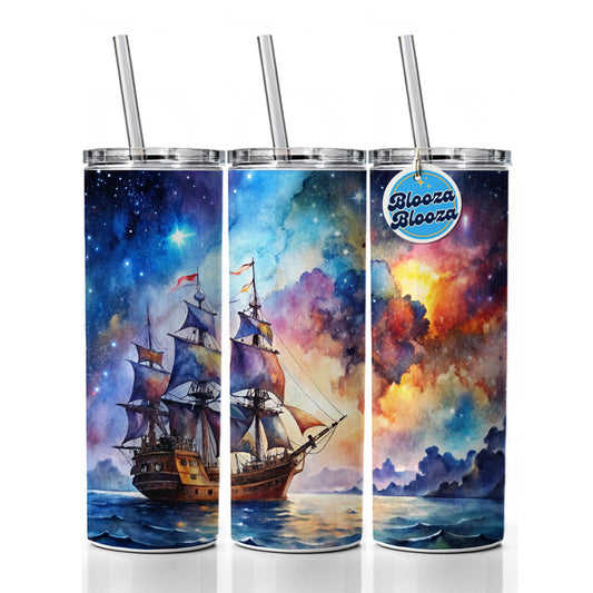 Space Pirate Ship Watercolor Skinny Tumbler 20oz with Straw Insulated Water Bottle Gift