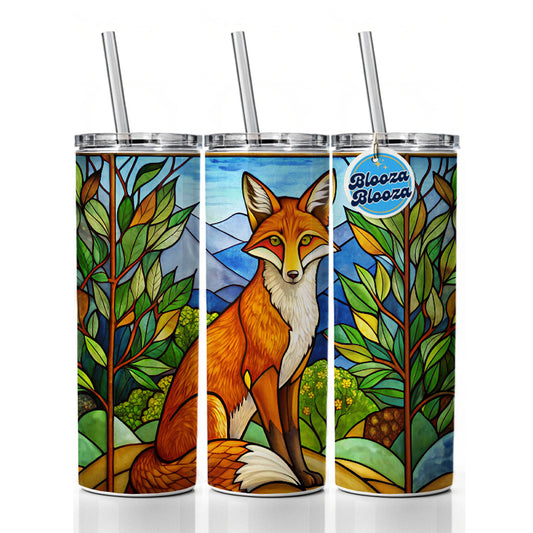 Stained Glass Fox Sitting Skinny Tumbler 20oz with Straw Insulated Water Bottle Gift
