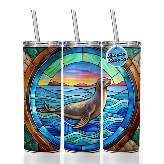 Stained Glass Seal In The Ocean Skinny Tumbler 20oz with Straw Insulated Water Bottle Gift