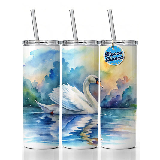 Swan Gliding Across Lake Watercolor Skinny Tumbler 20oz with Straw Insulated Water Bottle Gift