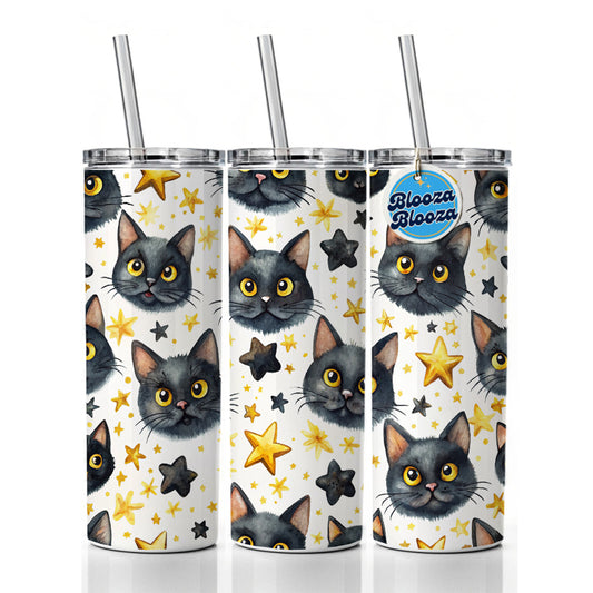 Sweet Black Cat Faces Yellow Stars Skinny Tumbler 20oz with Straw Insulated Water Bottle Gift