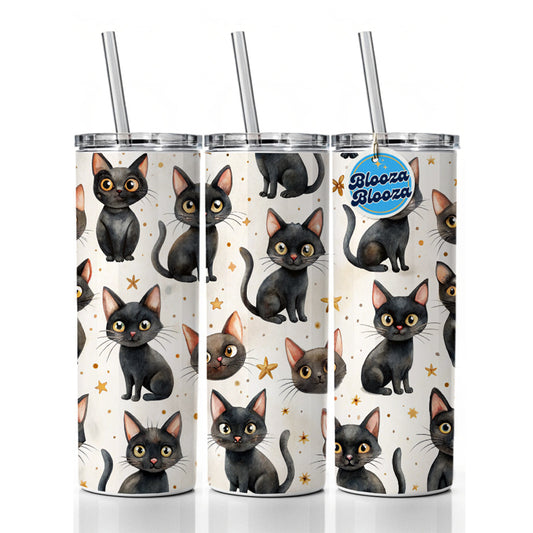 Sweet Black Cats Yellow Stars Skinny Tumbler 20oz with Straw Insulated Water Bottle Gift