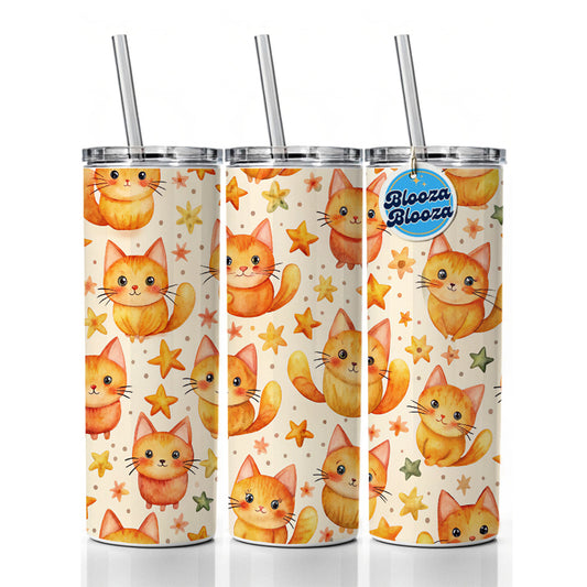 Sweet Orange Cats Yellow Stars Skinny Tumbler 20oz with Straw Insulated Water Bottle Gift