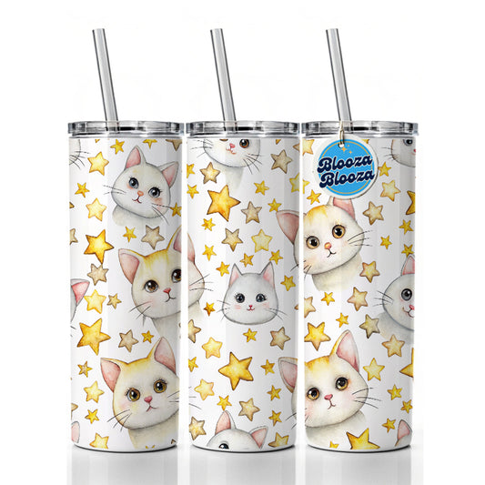 Sweet White Cats Yellow Stars Skinny Tumbler 20oz with Straw Insulated Water Bottle Gift