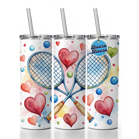 Tennis Rackets Crossed With Hearts Watercolor Skinny Tumbler 20oz with Straw Insulated Water Bottle Gift