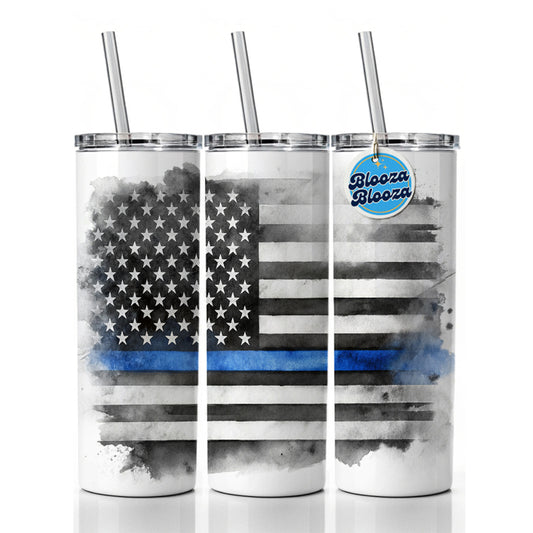Thin Blue Line Black And White American Flag Support Policemen Police Skinny Tumbler 20oz with Straw Insulated Water Bottle Gift